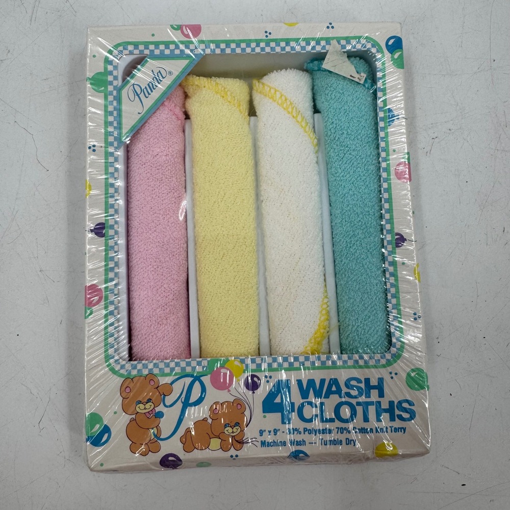 Vintage Panda 4 Wash Cloths Set Pink Yellow White Blue Terry Cloth Baby Toddler‎